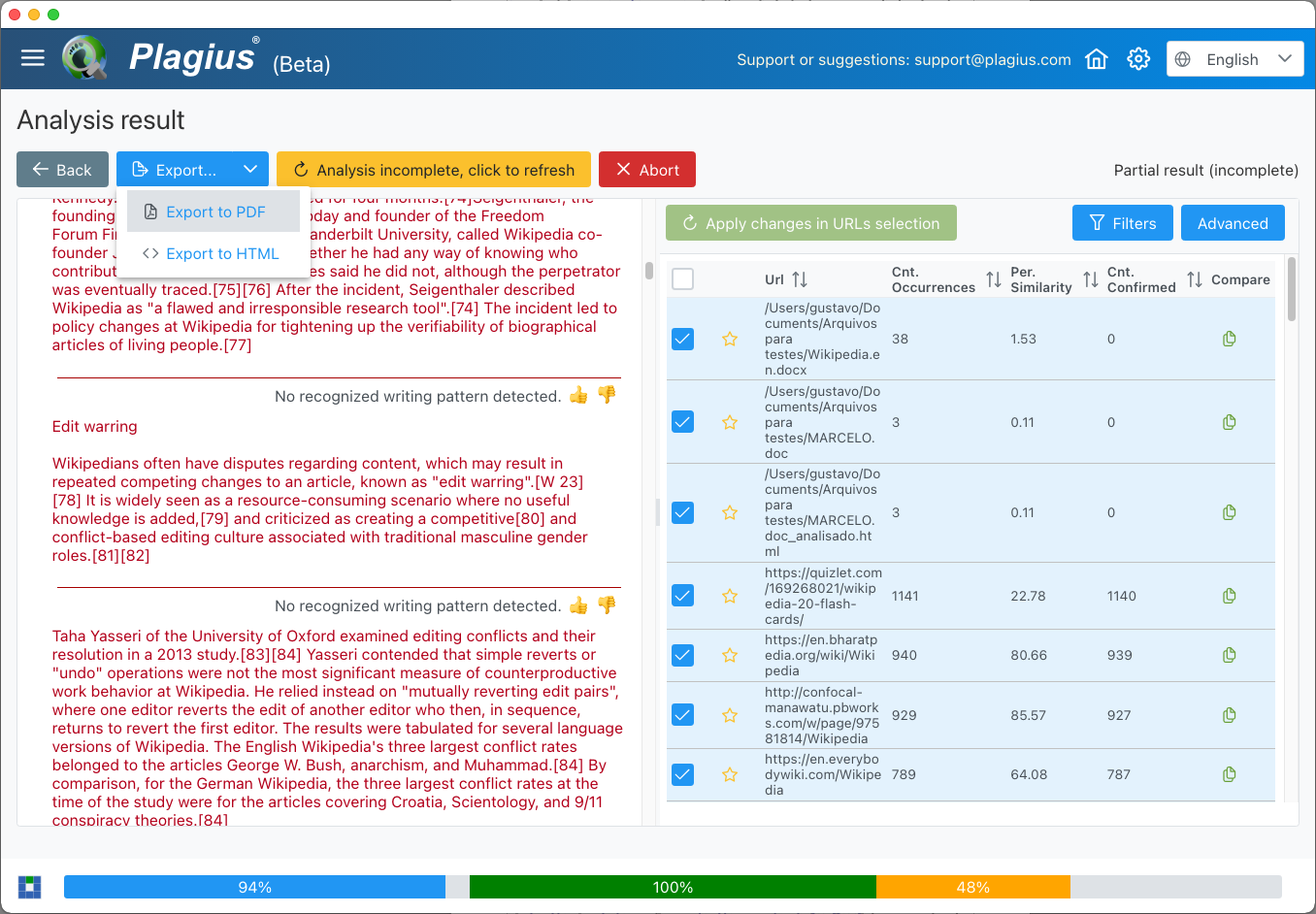 Screenshot da tela de exportação do resultado do PlagiusMac